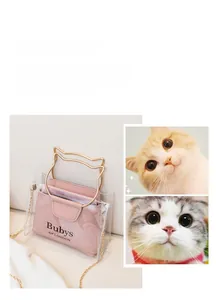 Detail of pink transparent PVC bucket bag with cat-ear metal handles and chain strap