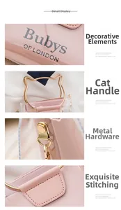 Detailed view of pink cat metal handle and Bubys OF LONDON logo on transparent square bag