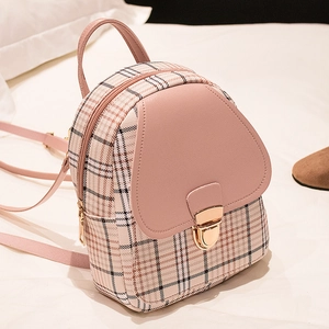 Women Mini Plaid Backpack Fashion PU Leather Checkered Crossbody Bag With Heart Lock Small School Travel Daypack