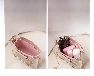 Detail showing the internal storage capacity of the transparent PVC cat bucket bag