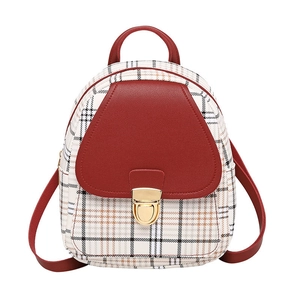 Mini checkered plaid backpack with red PU leather straps and a gold metal buckle closure