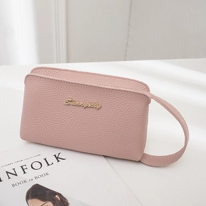 Women Fashion Litchi Pattern PU Leather Clutch Bag With Wrist Strap Gold Metal Logo Zip Closure Mobile Phone Purse Handbag