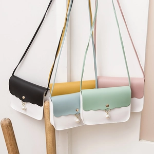 Women Mini Crossbody Bag PU Leather Scalloped Edge Contrast Color Artificial Pearl Pendant Elegant Shoulder Phone Purse Korean Style