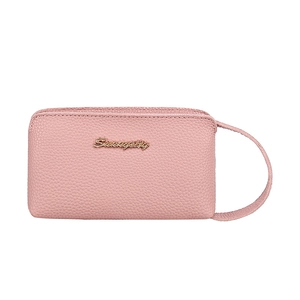Pink lychee texture women wristlet bag with gold logo and stylish leather strap