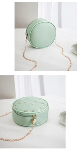 Detail of mint green round crossbody bag with pink floral embroidery and gold chain