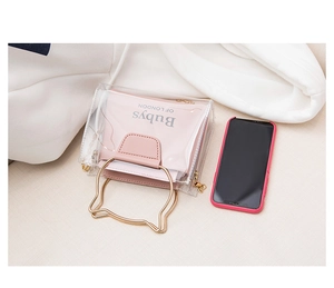 Detail view of pink inner pouch with cat ear gold handle and chain on transparent PVC bag