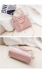 Detail of pink cat ear metal handle and transparent PVC texture on a crossbody bag