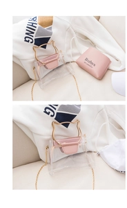 Transparent PVC bag with pink leather trim and gold cat-ear metal handles macro view