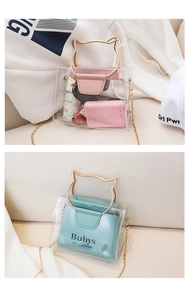 Detail view of transparent cat-ear PVC handbags with gold chain and interior pouches