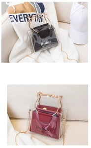 Detail of transparent PVC cat-ear handle bag with gold chain strap and inner pouches
