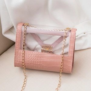 Borsa a tracolla rosa in pelle a coccodrillo e PVC trasparente con fibbia d'oro
