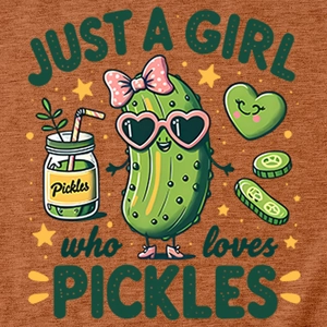 Close-up of cute girl who loves pickles cartoon graphic on cotton brown t-shirt