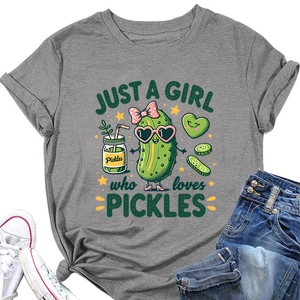Detailed close-up of cute cartoon pickles print on a grey cotton crew neck t-shirt