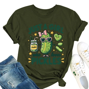 Close-up of olive green t-shirt with Just a Girl Who Loves Pickles graphic design