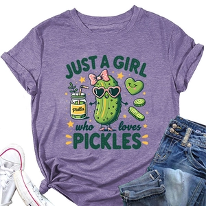 Purple heather T-shirt with cartoon pickles print shown with sneakers and blue jeans