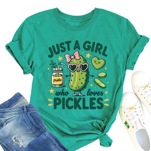 Detailed view of mint green T-shirt with Just A Girl Who Loves Pickles graphic