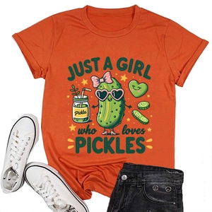 Detail of orange cotton T-shirt featuring funny Just a Girl who loves Pickles cartoon art