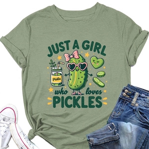 Close-up of pickle cartoon print on bean green crew neck t-shirt with stylized text