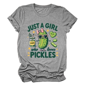 Flat lay detail of grey crew neck T-shirt featuring cute cartoon pickle graphics and text