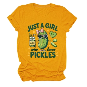 Detail of ginger yellow t-shirt featuring cute pickles print and rolled sleeve cuffs