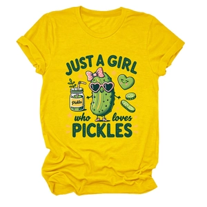 Detailed flat lay of a bright yellow cotton T-shirt with cute cartoon pickle graphics
