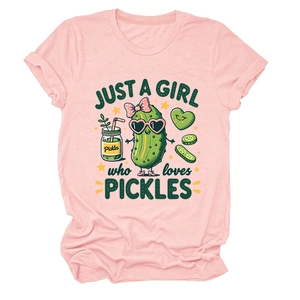 Detail of pink cotton T-shirt featuring a cute cartoon pickle print and graphic text