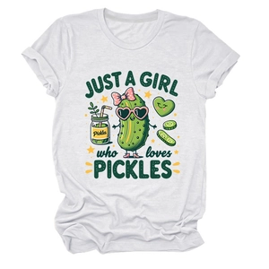 Detailed close-up of cartoon pickle print on a white cotton crew neck t-shirt