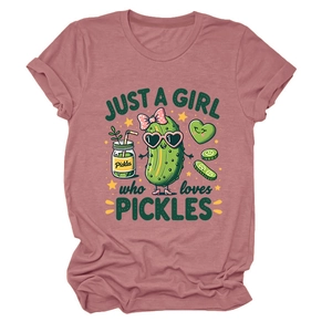 Detail of pink cotton t-shirt showing cute pickle graphics and rolled sleeve design