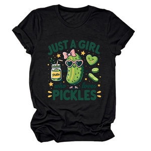 Detailed view of the cute cartoon pickle graphic on a black crew neck cotton T-shirt