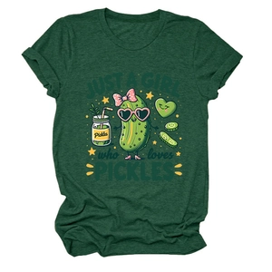 Close-up of heart-shaped sunglasses pickle cartoon print on dark green cotton t-shirt