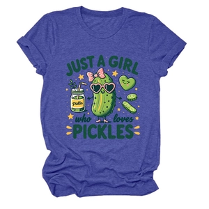 Detail of heather purple T-shirt featuring cartoon pickles and Just a girl who loves text