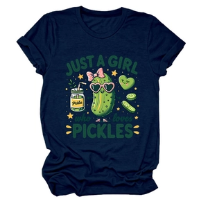 Detail view of navy blue crew neck t-shirt with cartoon pickles and love slogan print