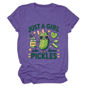 Detail of purple cotton T-shirt featuring a cartoon pickle print and whimsical text