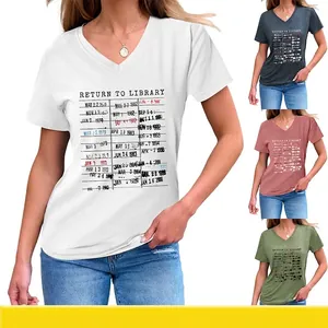 Women V Neck Short Sleeve T-Shirt Casual Cotton Blend Vintage Library Card Graphic Print Summer Retro Loose Fit Top