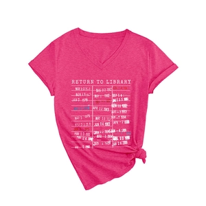 Women's V-neck short sleeve T-shirt in hot pink with Return To Library vintage print