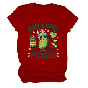Detail of burgundy T-shirt showing cartoon pickles and Just a girl who loves pickles text