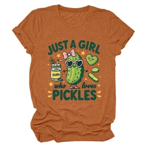 Detail of rust orange cotton t-shirt with Just a girl who loves pickles cartoon print