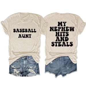 Front and back view of beige cotton T-shirt with baseball aunt and nephew hits slogans