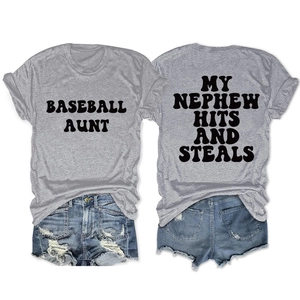 Detailed front and back view of grey Baseball Aunt short sleeve T-shirt with text
