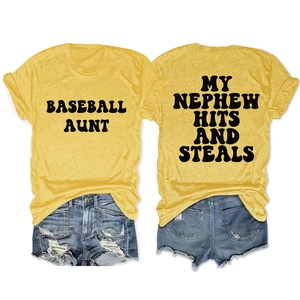 Detailed front and back view of baseball aunt letter print yellow T-shirt and denim shorts