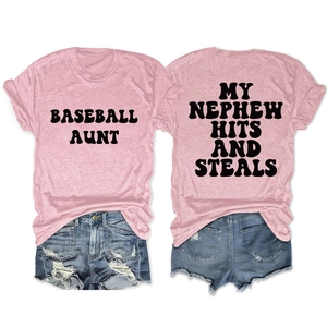 Detailed front and back view of pink baseball aunt graphic t-shirt with letter print