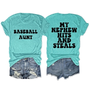 Detail of Baseball Aunt teal t-shirt with My Nephew Hits and Steals back print and denim shorts
