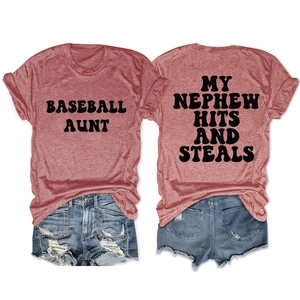 Front and back view of terracotta Baseball Aunt graphic t-shirt with denim shorts