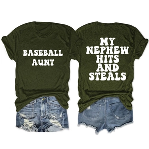 Close-up of dark green baseball aunt t-shirt with white lettering on soft cotton fabric