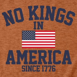 Détail du graphisme bleu vintage et du texte No Kings In America sur tissu chiné orange
