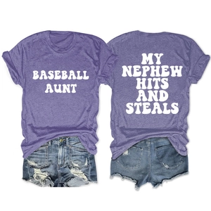 Detailed front and back views of purple baseball aunt t-shirt with white letter printing
