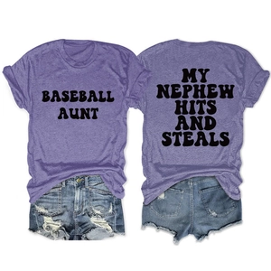 Detail of grey-purple t-shirt with Baseball Aunt text and back graphic for women