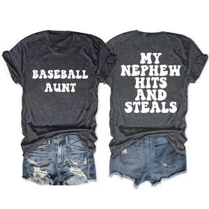 Close-up of casual grey t-shirts with white printed vintage text and denim shorts