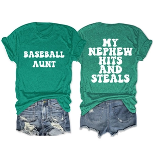 Front and back detail of green Baseball Aunt t-shirt with distressed denim shorts