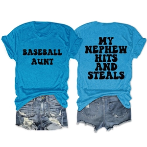 Front and back view of sky blue Baseball Aunt T-shirt with distressed denim shorts